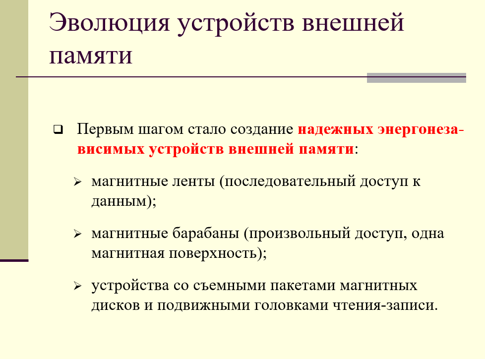 эволюция устройств внешней памяти: магнитные ленты, магнитные барабаны, магнитные диски