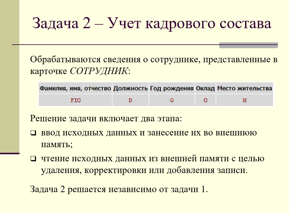 информационная задача - учет кадрового состава