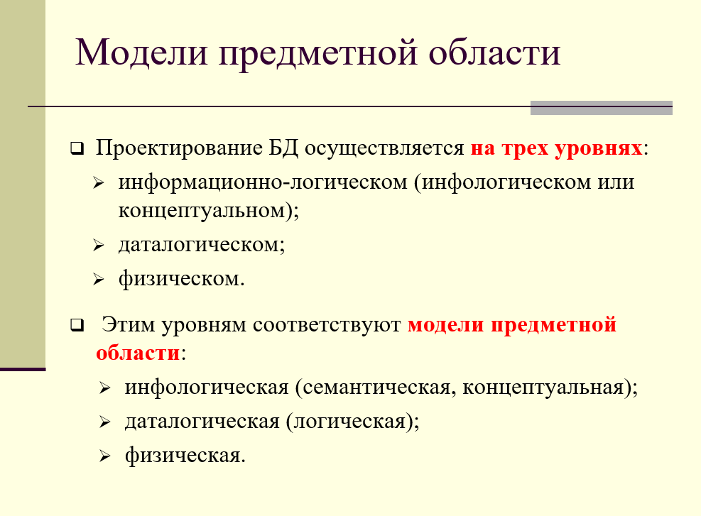 три уровня моделирования предметной области: концептуальный, даталогический, физический