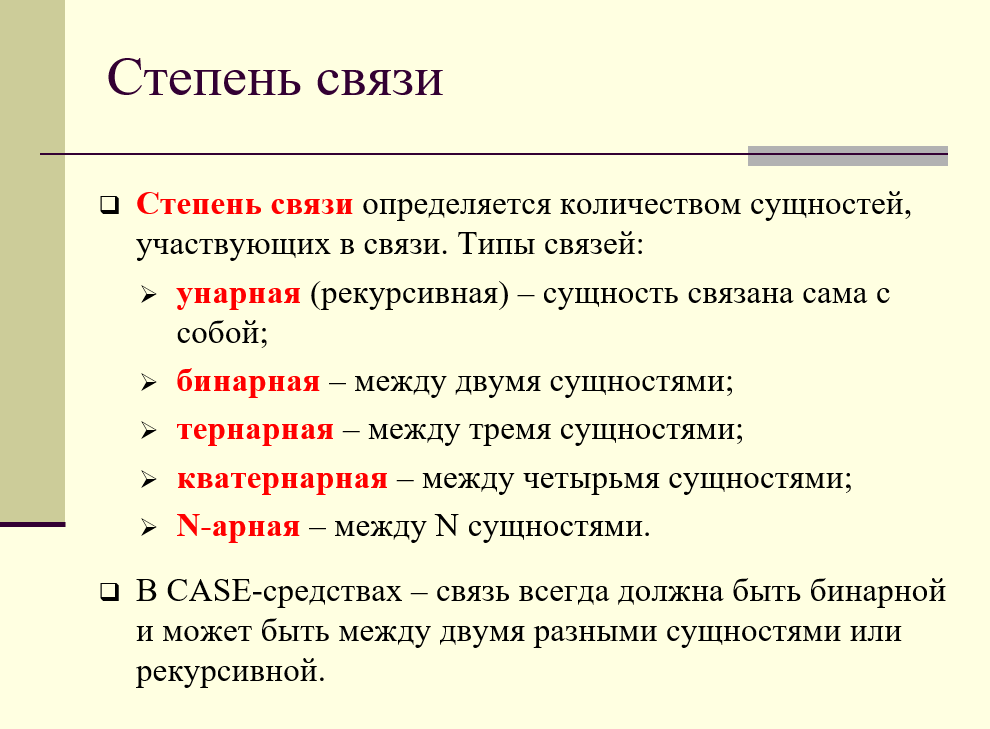 степень связи, унарные, бинарные, тернарные связи