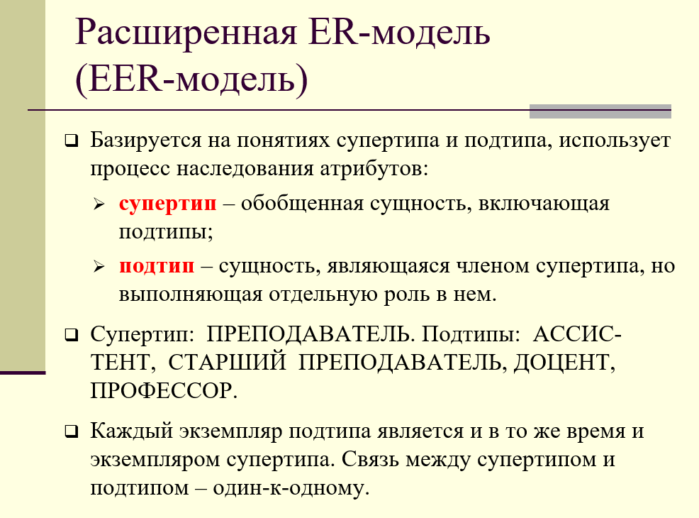 расширенная ER-модель, супертипы и подтипы