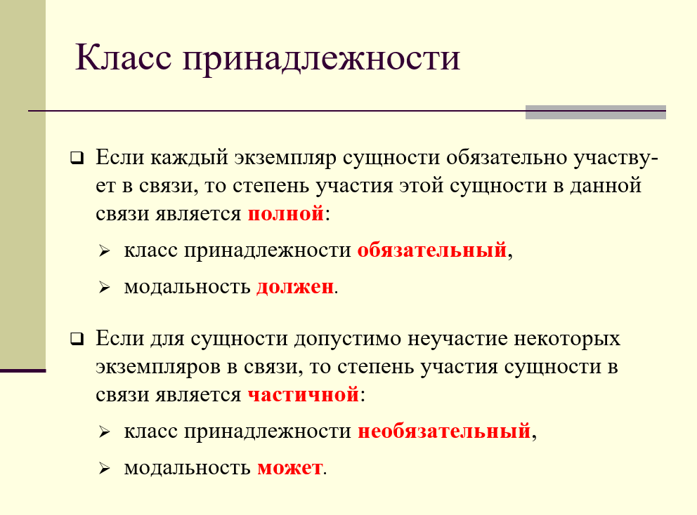 Пример принадлежности. Обязательный класс принадлежности сущности. Класс принадлежности сущности БД. Класс принадлежности связи. Обязательный и необязательный класс принадлежности.